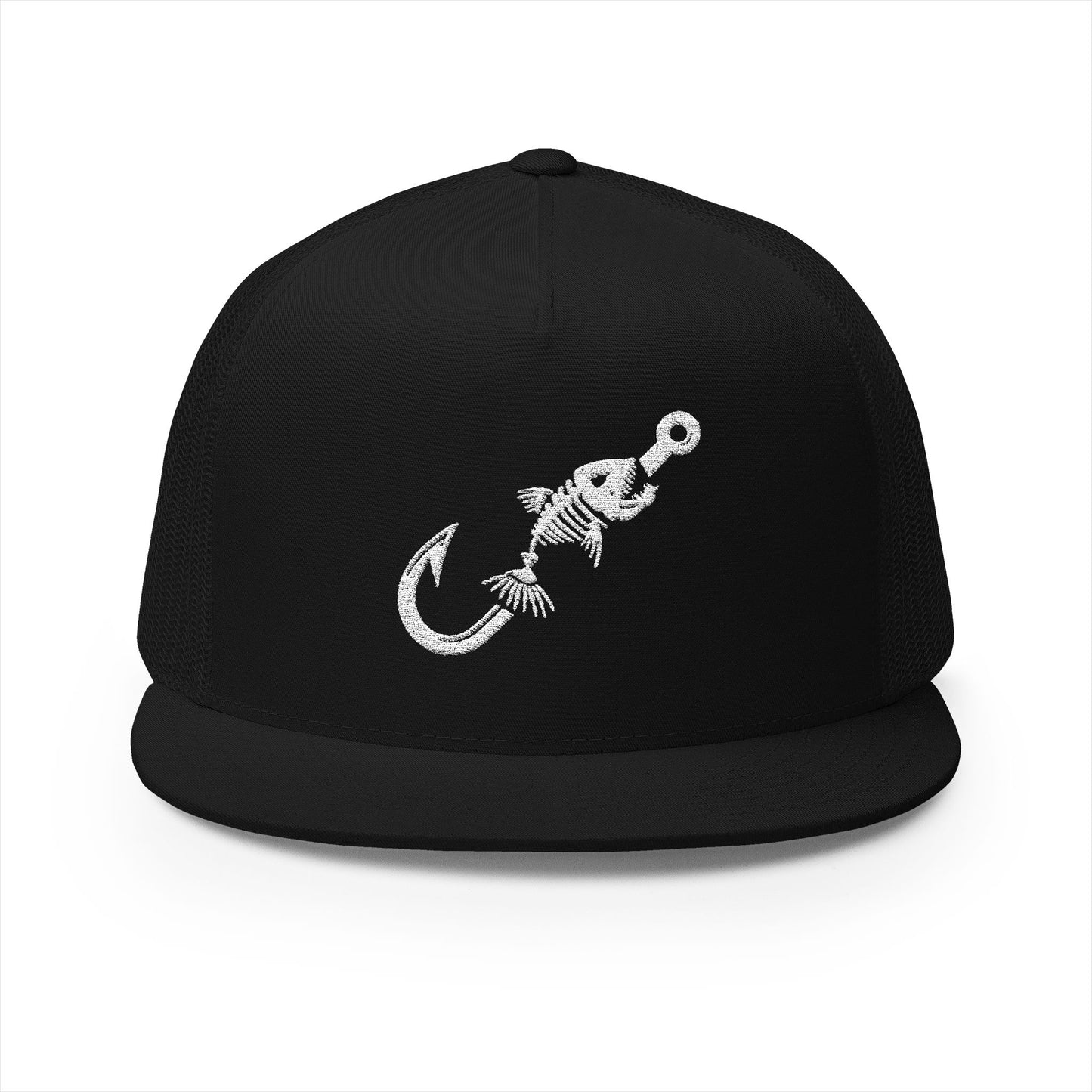 Skeleton Hook Flat Bill Trucker Cap - Black