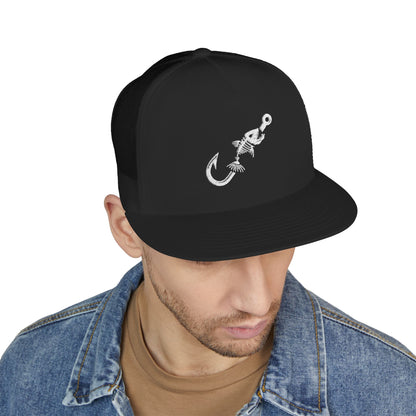 Skeleton Hook Flat Bill Trucker Cap - Black