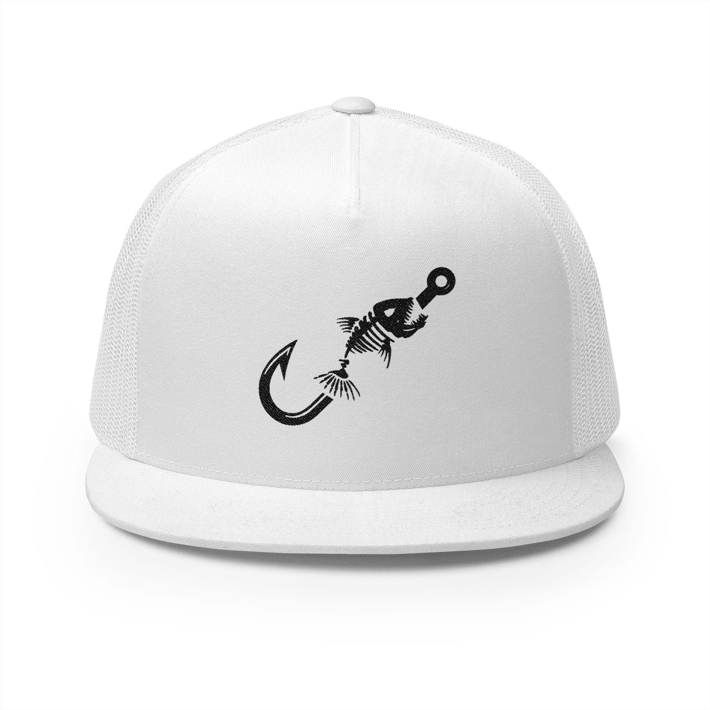 Skeleton Hook Flat Bill Trucker Cap - White