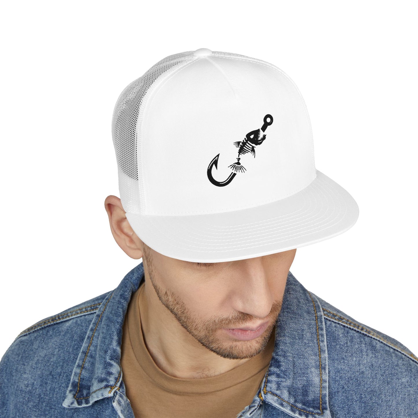 Skeleton Hook Flat Bill Trucker Cap - White